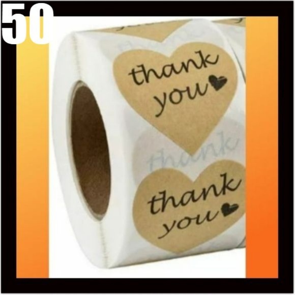 Other - (50) Heart Shaped Thank You Stickers Kraft Paper